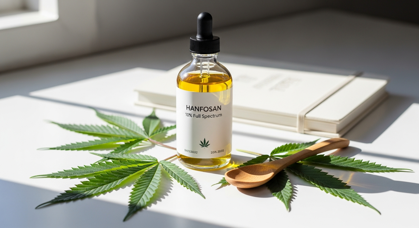 Hanfosan CBD Premium Oil 10% Full Spectrum bottle with hemp leaves and certification badges displayed on white background