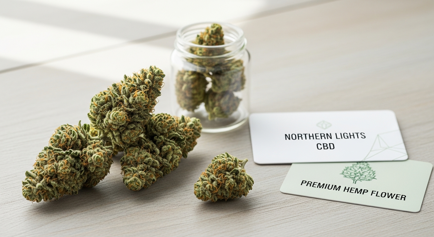 Northern Lights Premium CBD Flowers in a glass jar with visible terpene crystals and natural green coloring