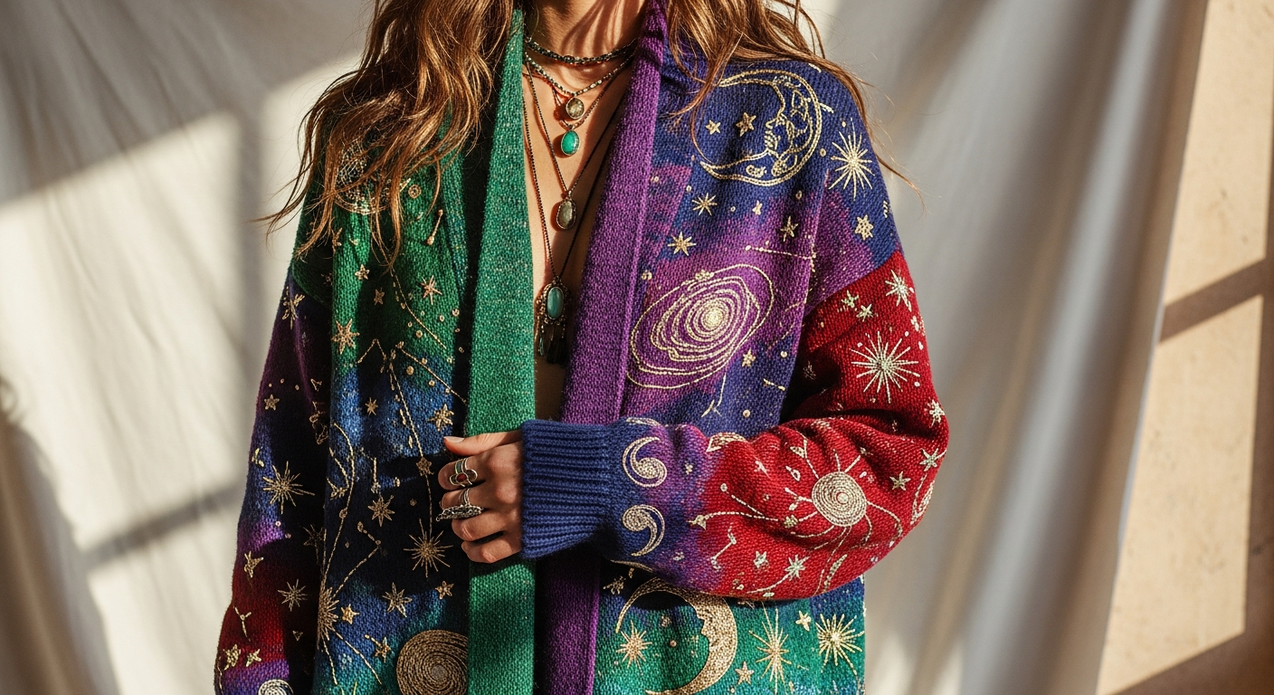 Hayley Menzies Cosmic Cat Cardigan featuring intricate jacquard knit with celestial and feline design elements