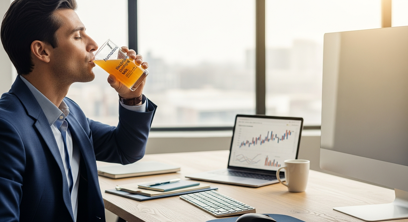 Humantra Electrolyte Drink Mix sachets with fresh berries and water bottle for professional hydration