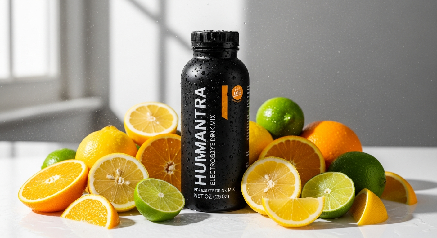 Humantra Electrolyte Drink Mix sachets in various flavors displayed with fresh berries and citrus fruits on white background