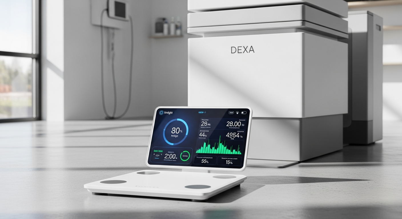 Hume Health Body Pod smart scale with retractable handlebar displaying body composition metrics on digital screen