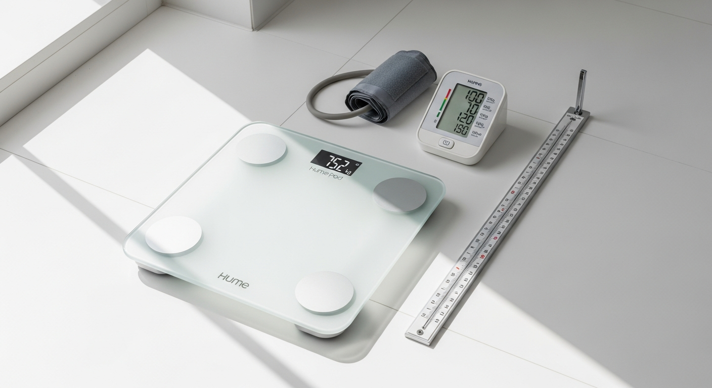 Hume Pod Smart Body Composition Scale displaying digital metrics on glass surface with app interface visible