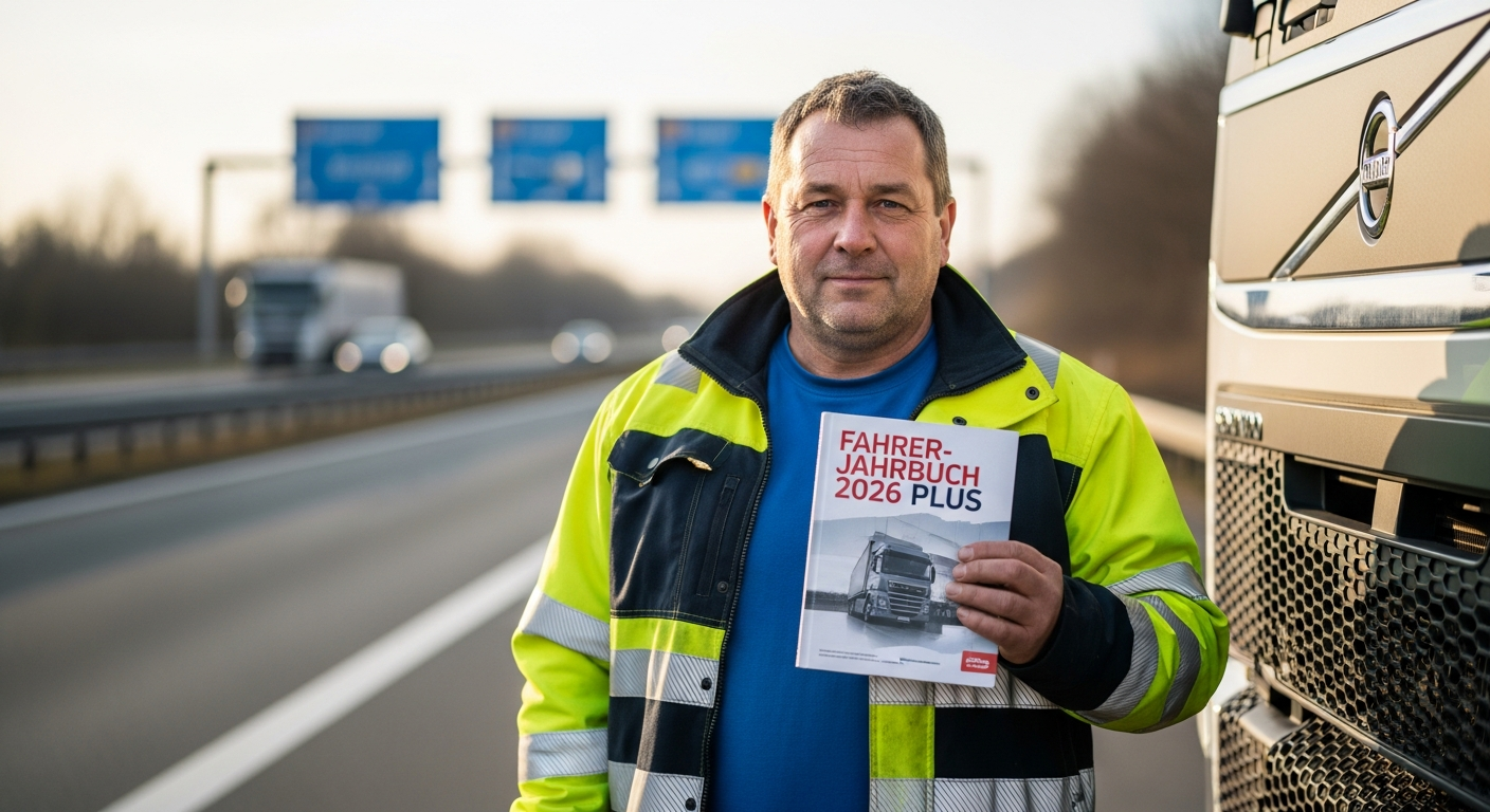 Professional driver reviewing Fahrer-Jahrbuch 2026 PLUS multilingual compliance guide in truck cab