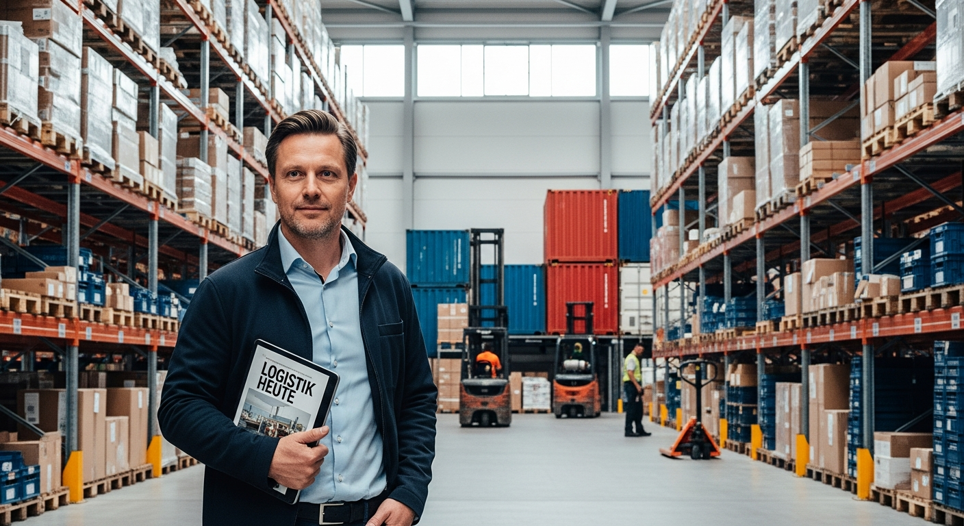 German logistics magazine LOGISTIK HEUTE cover featuring supply chain professionals and warehouse operations