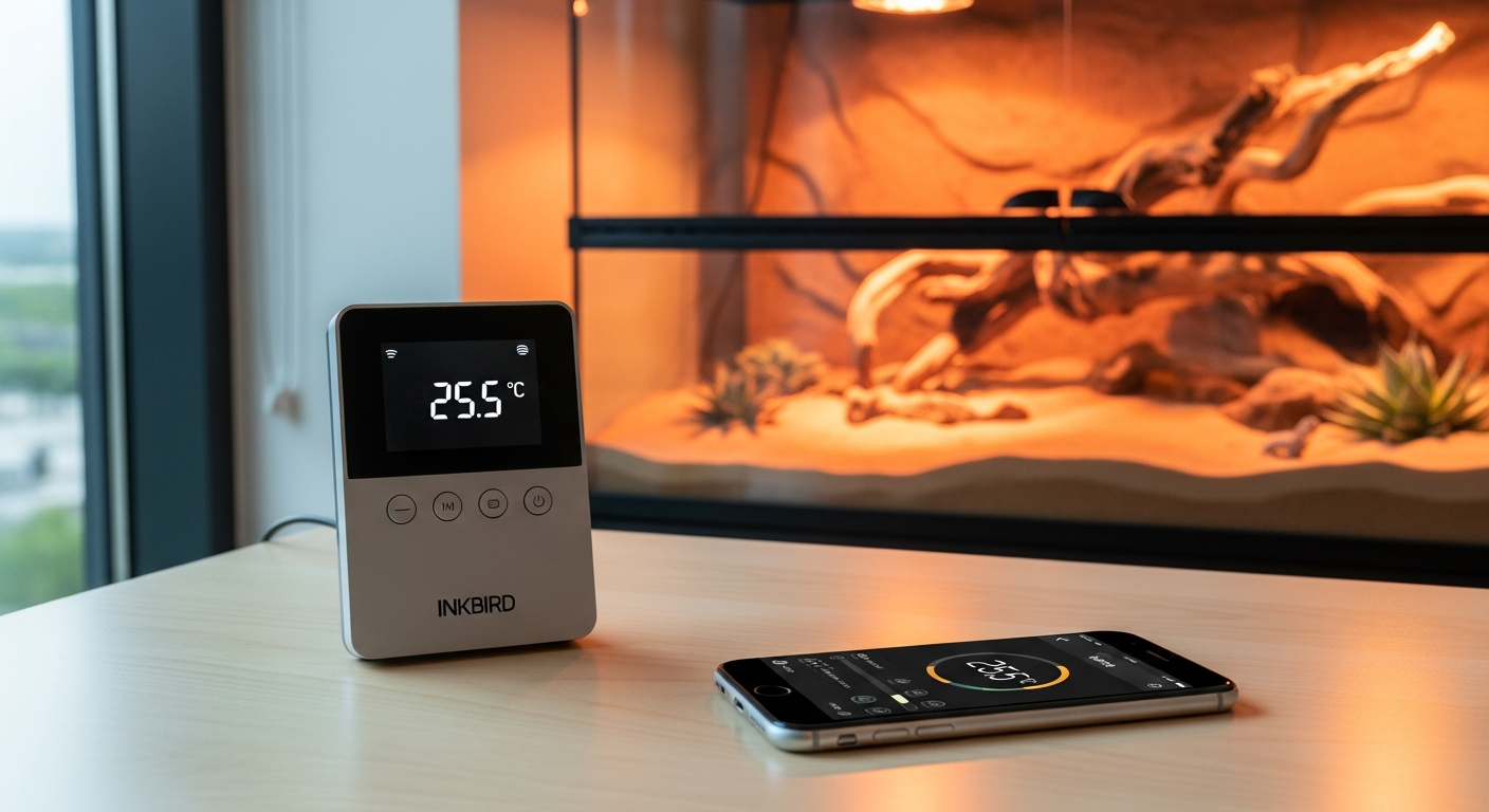 INKBIRD ITC-308 WiFi Temperature Controller displaying dual heating and cooling relay system for reptile habitat management