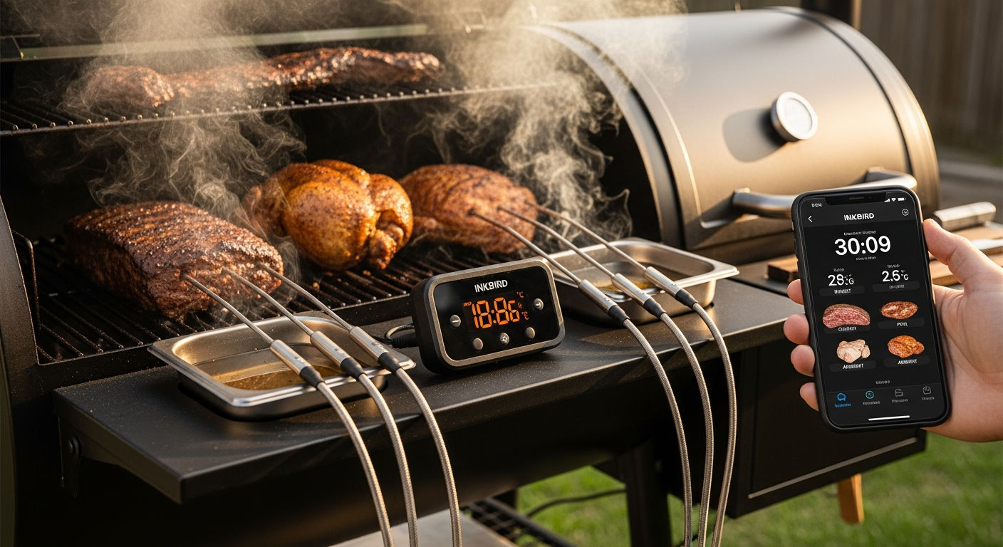 Inkbird IBT-4XS Bluetooth BBQ thermometer with four stainless steel probes and smartphone app display