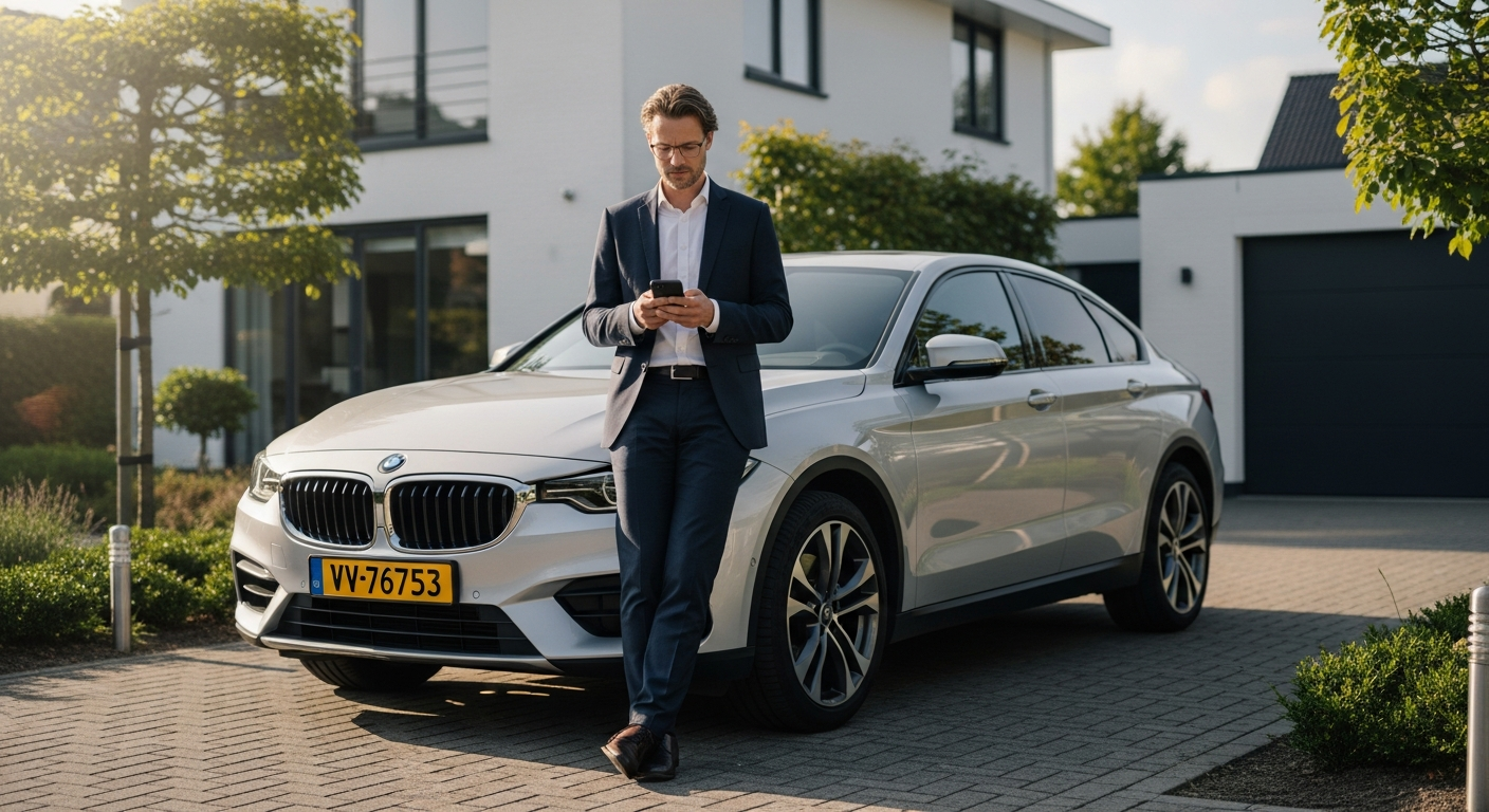 Busy professional selling car online through Dutch marketplace platform on laptop