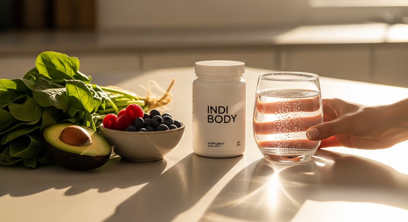 Indi Body whole food gut health supplement sachet with 15-plant formula displayed