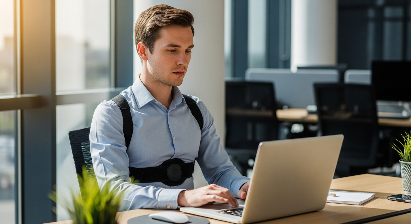 Woman wearing adjustable posture corrector brace sitting at office desk with improved spinal alignment