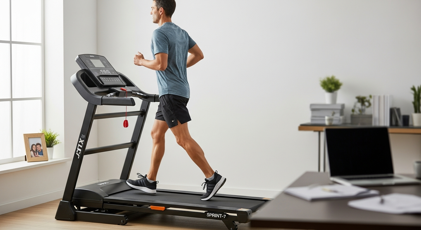 JTX Sprint-7 Smart Folding Treadmill displayed in a modern home gym setup with folded and unfolded positions
