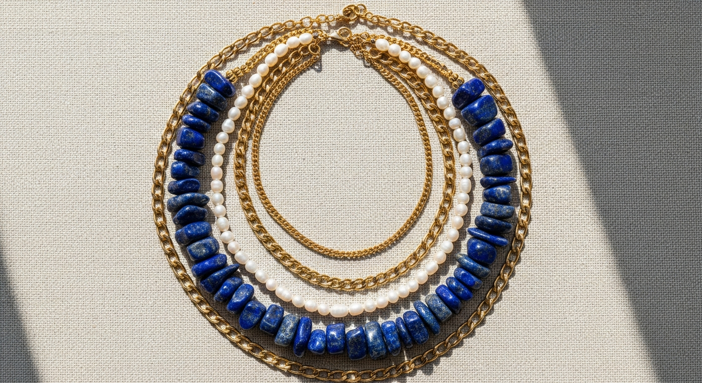 Jane Win Chunky Lapis Bead Chain Necklace in gold with layered lapis stone detail displayed on neutral background