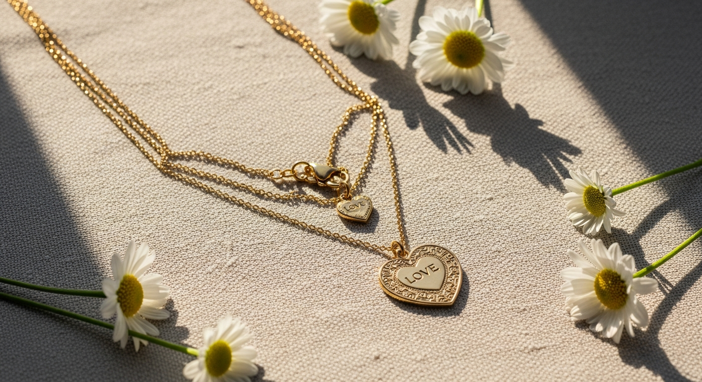 Jane Win LOVE Full-Heart Pendant Necklace layered with multiple delicate chains and complementary pendants