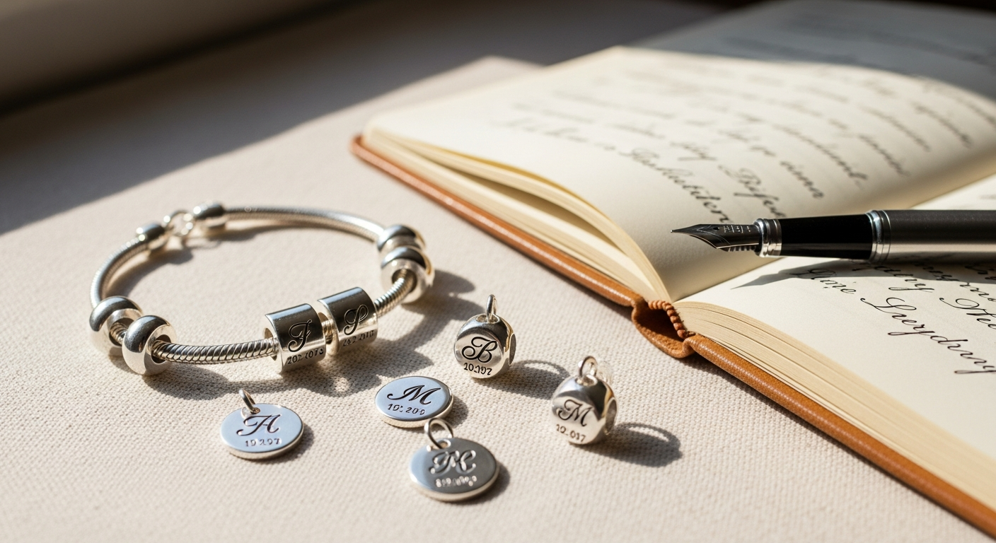 Personalized engravable silver charm bracelet with custom engraved initials and birthstone