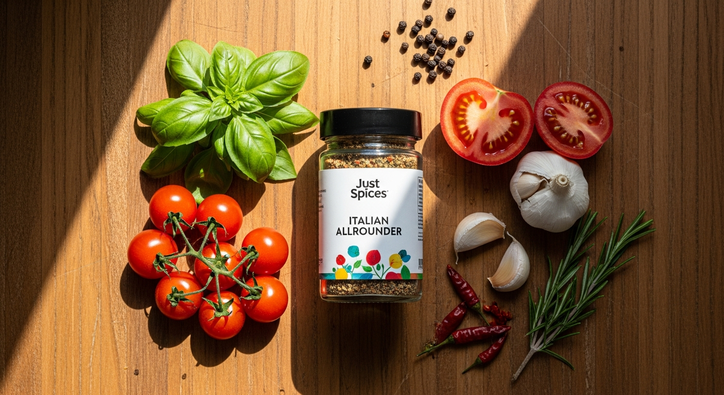 Just Spices Italian Allrounder Seasoning Blend in a recyclable container with fresh herbs and spices displayed