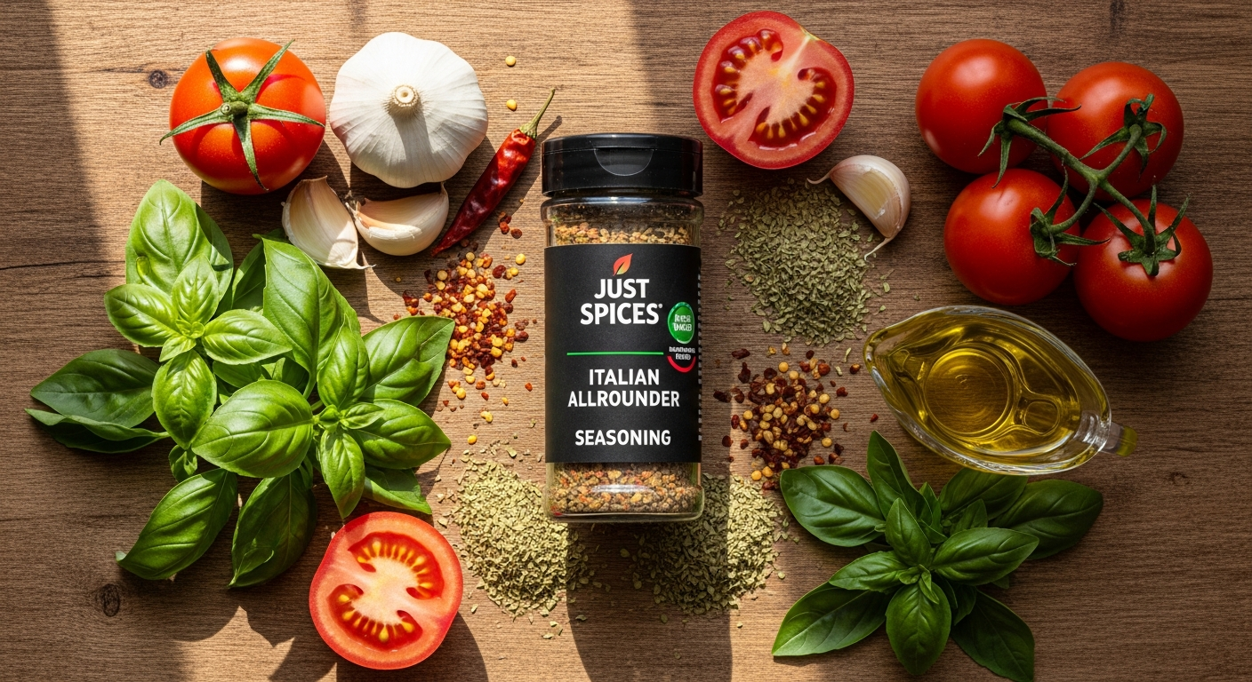 Just Spices Italian Allrounder Seasoning in recyclable can with fresh herbs and spices displayed