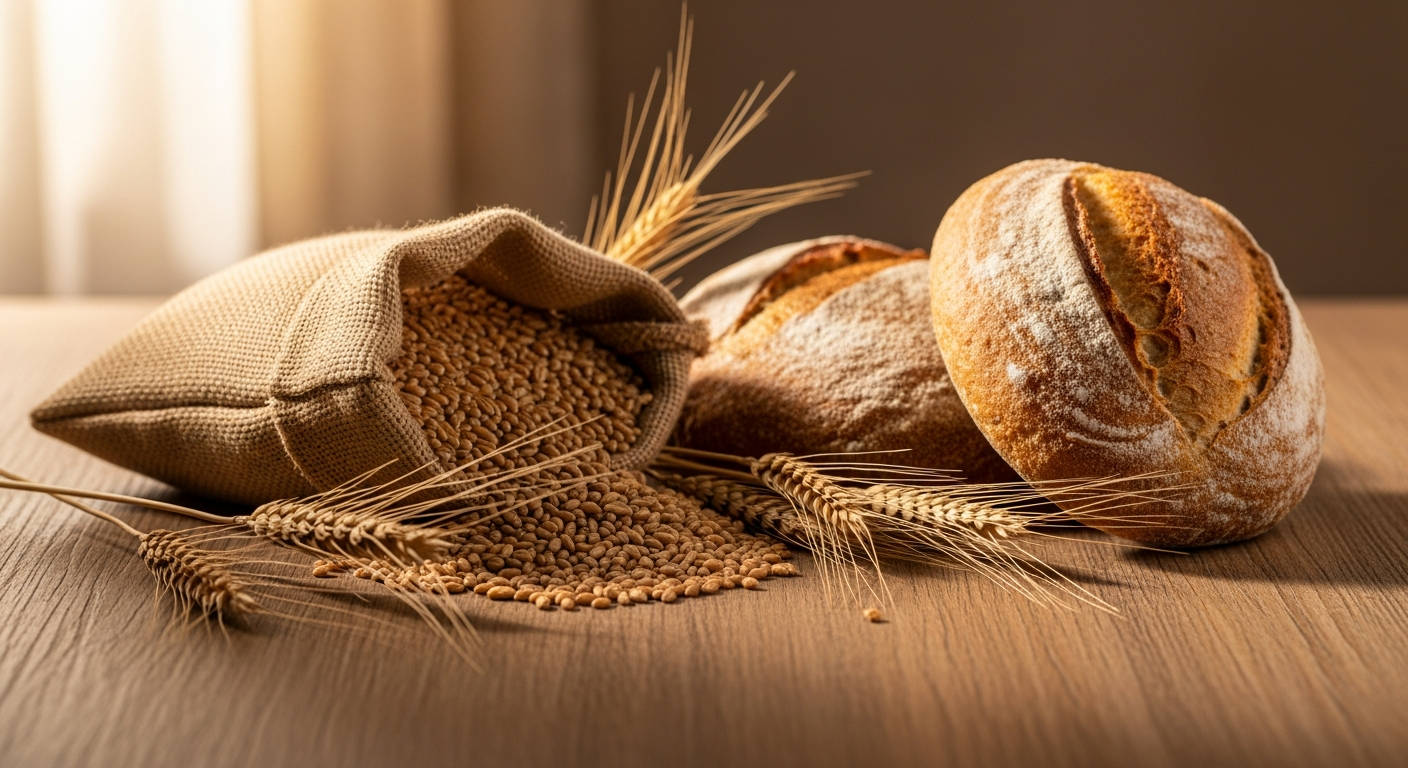 Kamelur Organic Whole Grain Wheat 1kg package displayed with German wheat berries and fresh baked bread loaf