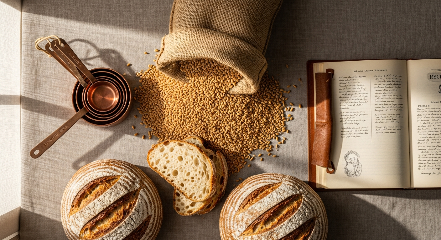 Kamelur organic whole wheat grains in a rustic bowl with German countryside background
