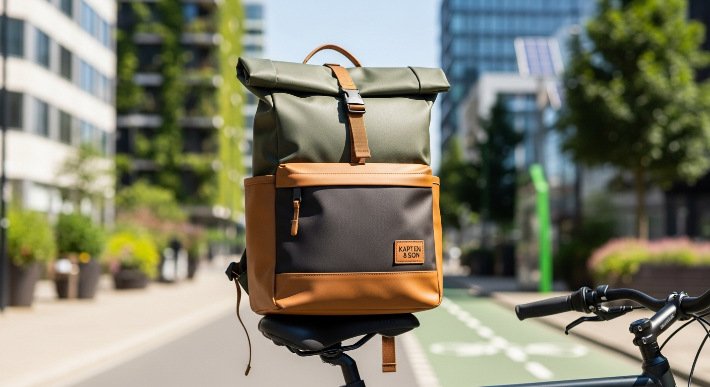 Kapten & Son Bergen Pro sustainable backpack in Muted Clay color displayed against urban commute background