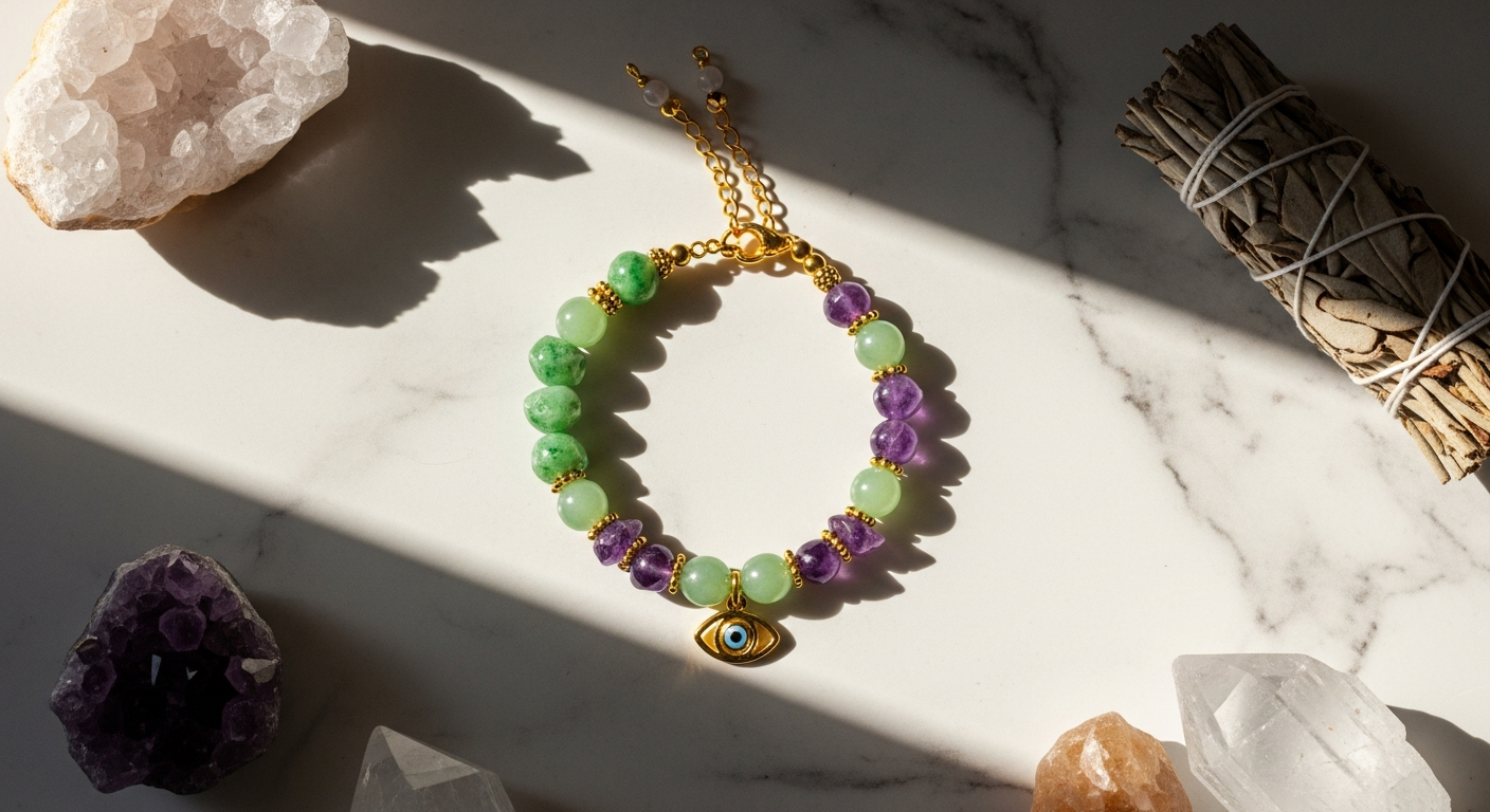 Handcrafted Prosperity Magnet Jade Amethyst Evil Eye Bracelet with genuine gemstones and sterling silver accents