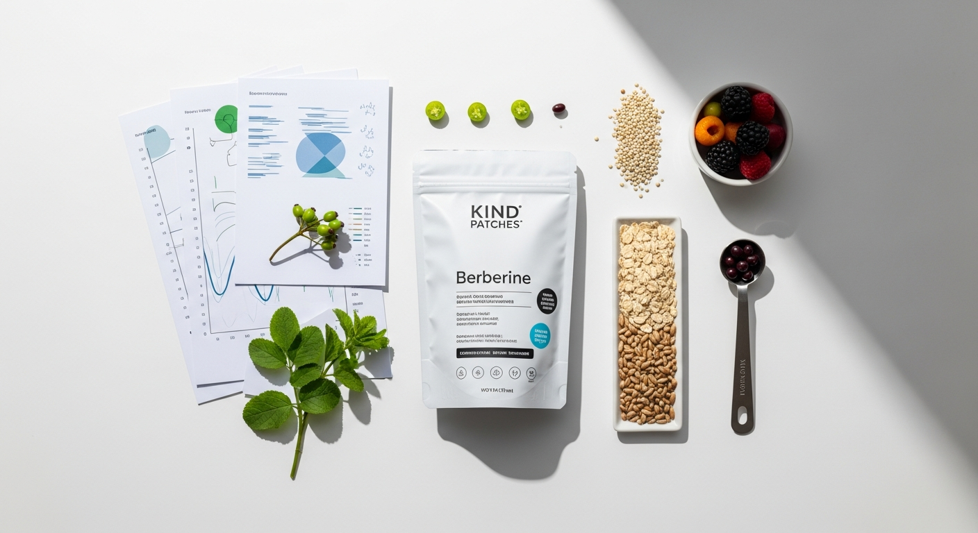 Kind Patches Berberine GLP-1 weight management transdermal patch displayed on skin showing discreet application and vegan formula packaging