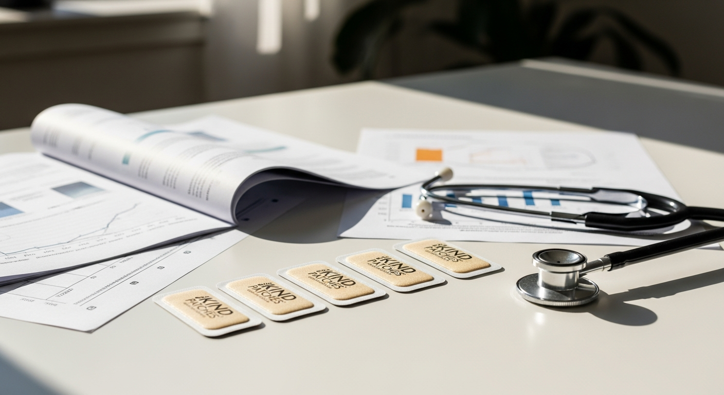 Kind Patches Berberine weight loss patches displayed with scientific research documents and skeptical analysis materials