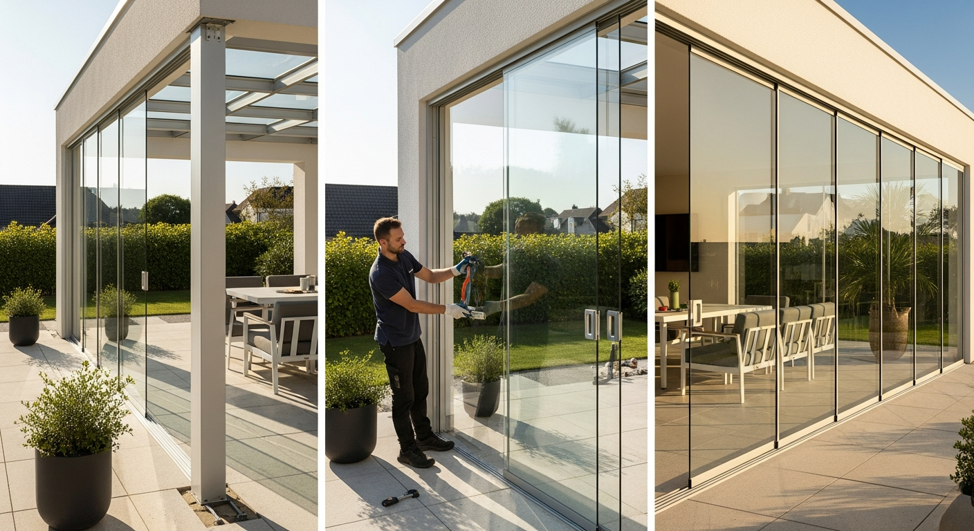KingGlass aluminum-framed glass sliding wall system with crystal-clear tempered panels installed on modern patio