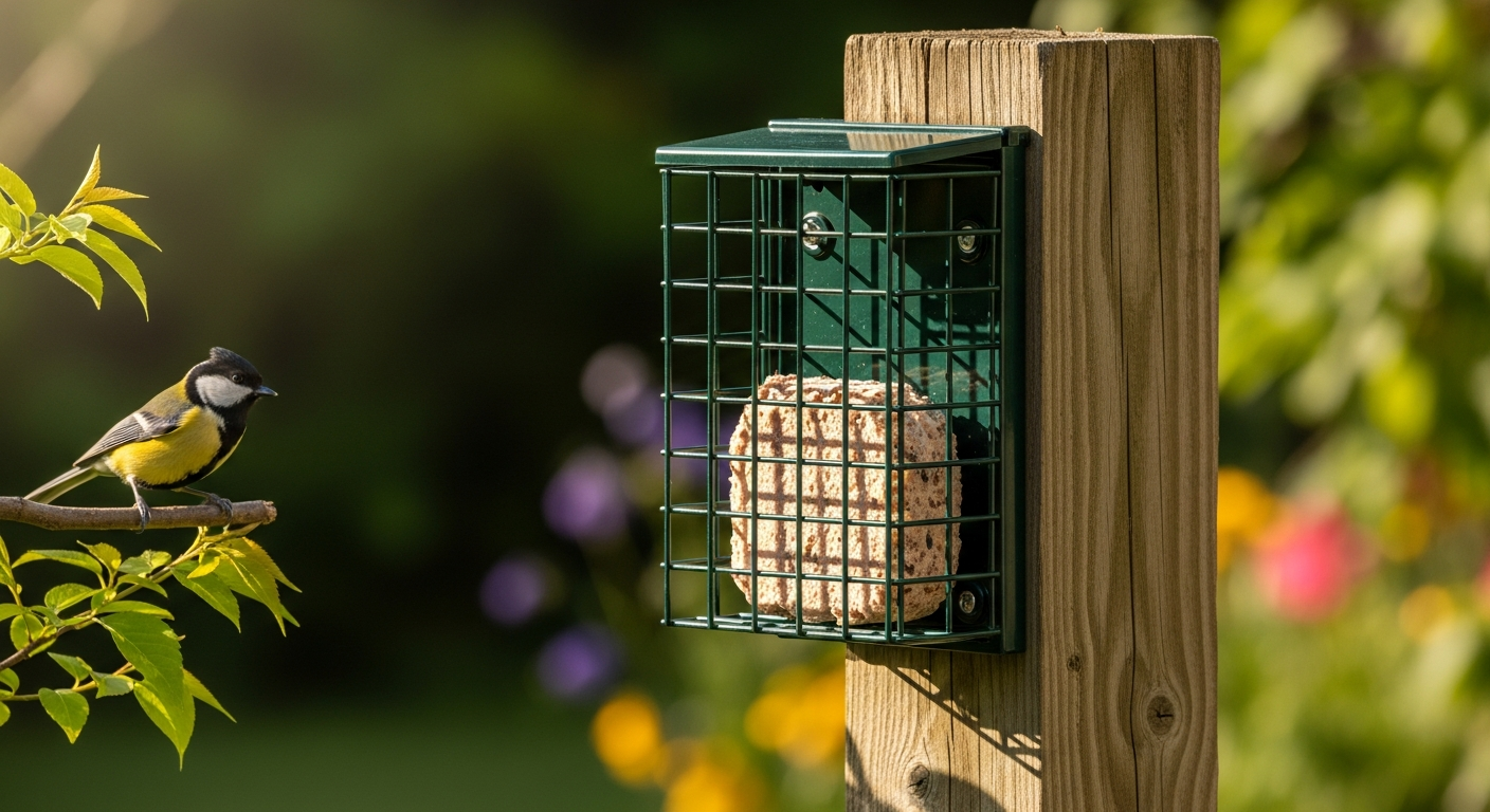 Metal caged squirrel-proof suet feeder with small songbirds feeding safely