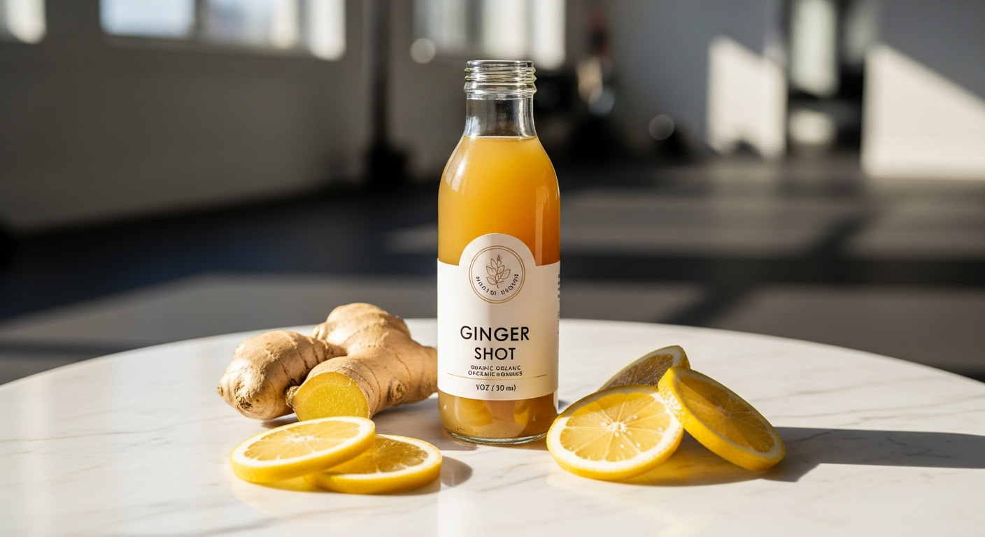 Kloster Kitchen Ginger Shot Classic bottle with real ginger pieces and organic ingredients displayed