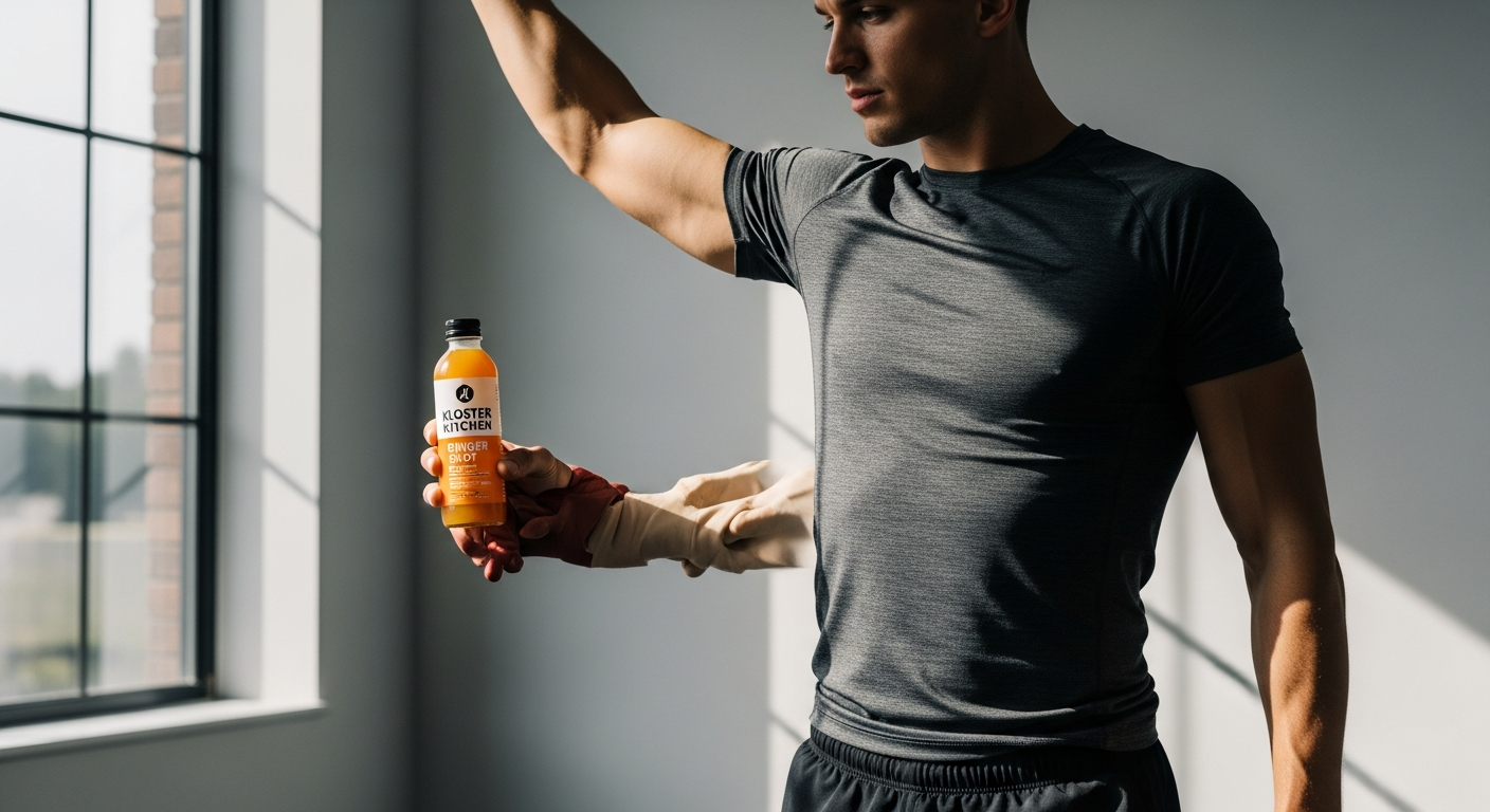 Kloster Kitchen Organic Ginger Shot Classic bottle with real ginger pieces displayed for pre-workout energy