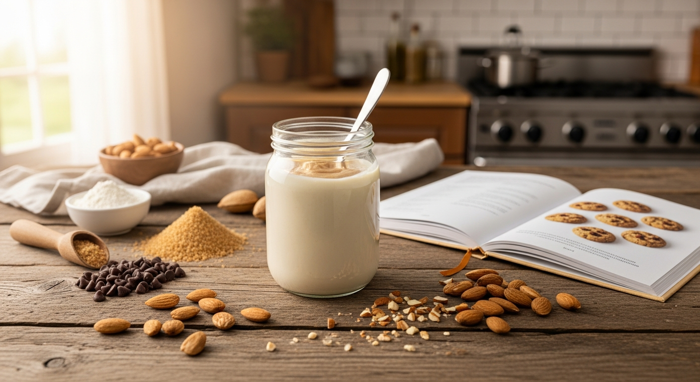 KoRo Organic White Almond Butter jar with creamy spread displayed on wooden surface with fresh almonds