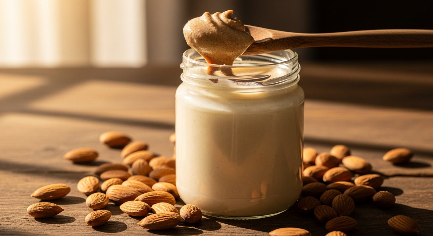 KoRo White Almond Butter jar with creamy spread and fresh almonds on wooden surface