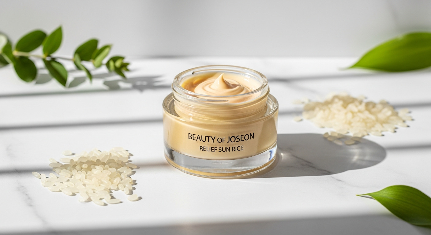 Beauty of Joseon Relief Sun Rice Probiotics SPF50+ PA++++ sunscreen bottle and texture swatch