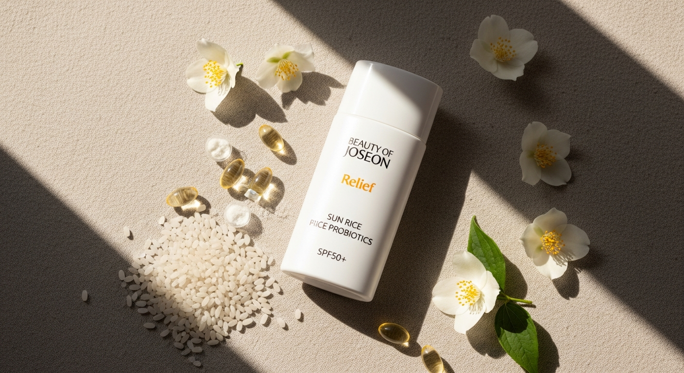 Beauty of Joseon Relief Sun Rice Probiotics SPF50+ sunscreen bottle displayed with rice grains and probiotic ingredients on white background