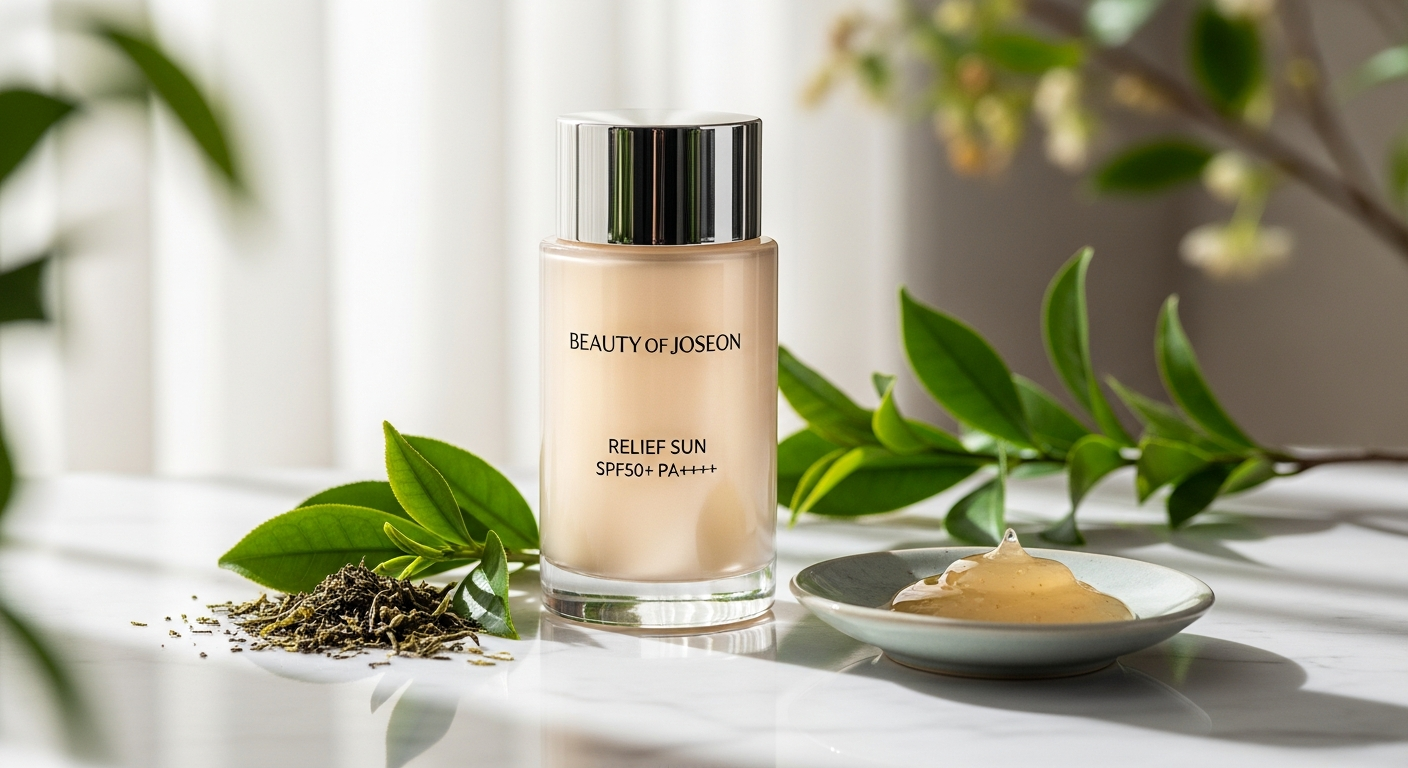 Beauty of Joseon Relief Sun SPF50+ PA++++ Korean sunscreen bottle with rice and probiotic formula displayed on white background