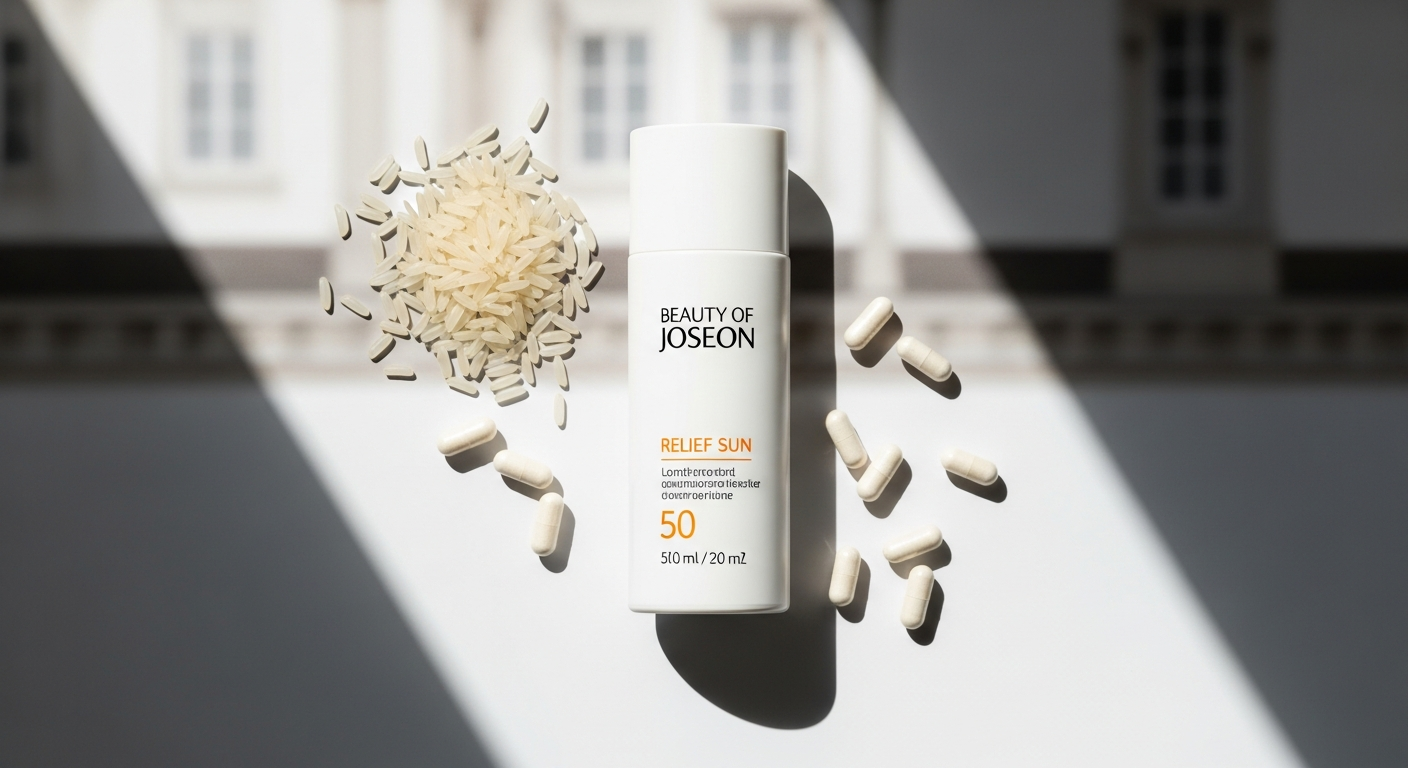 Beauty of Joseon Relief Sun SPF50+ PA++++ sunscreen bottle with rice and probiotic ingredients displayed