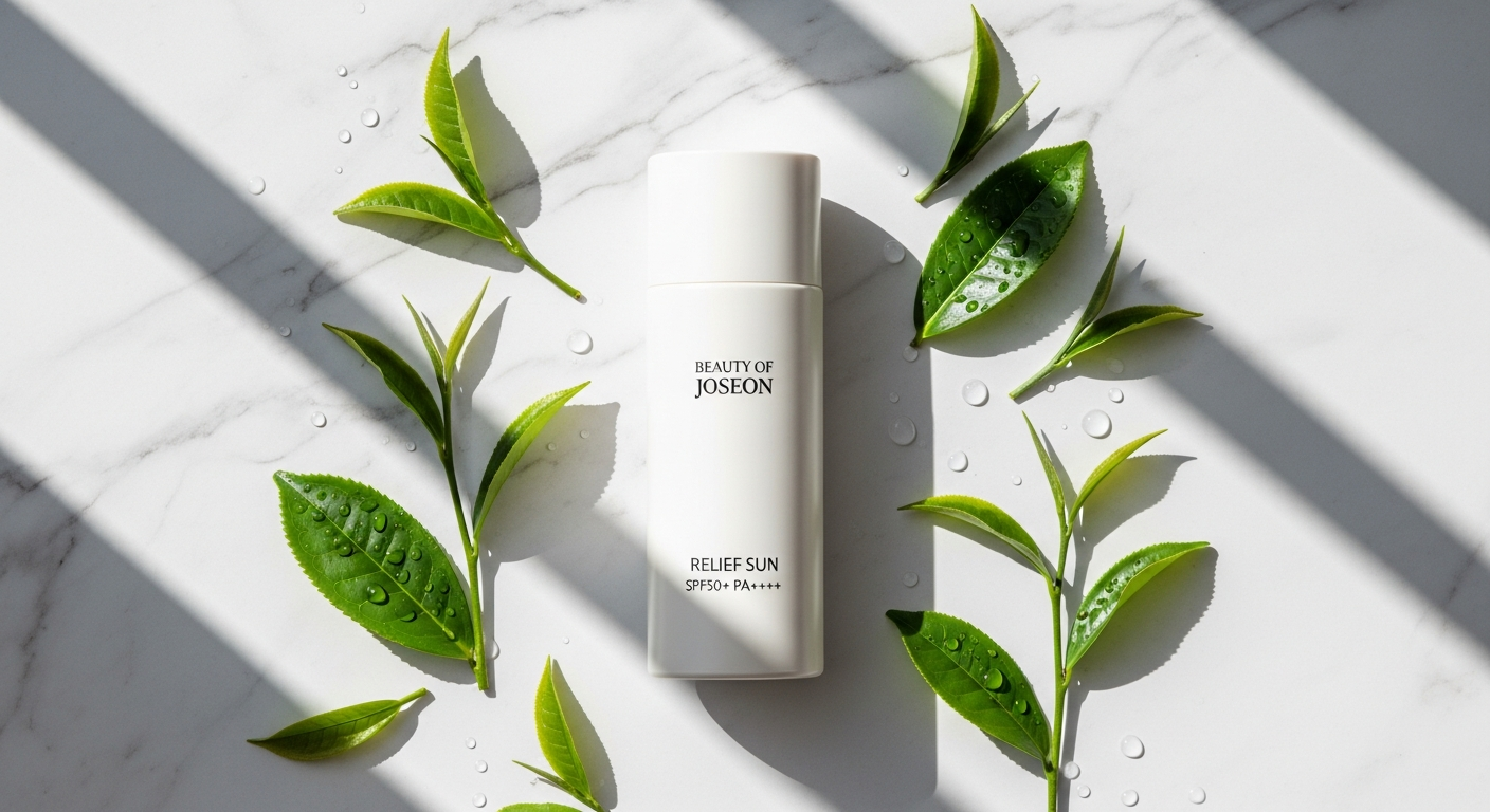 Beauty of Joseon Relief Sun SPF50+ PA++++ Korean sunscreen bottle with rice and probiotic ingredients displayed