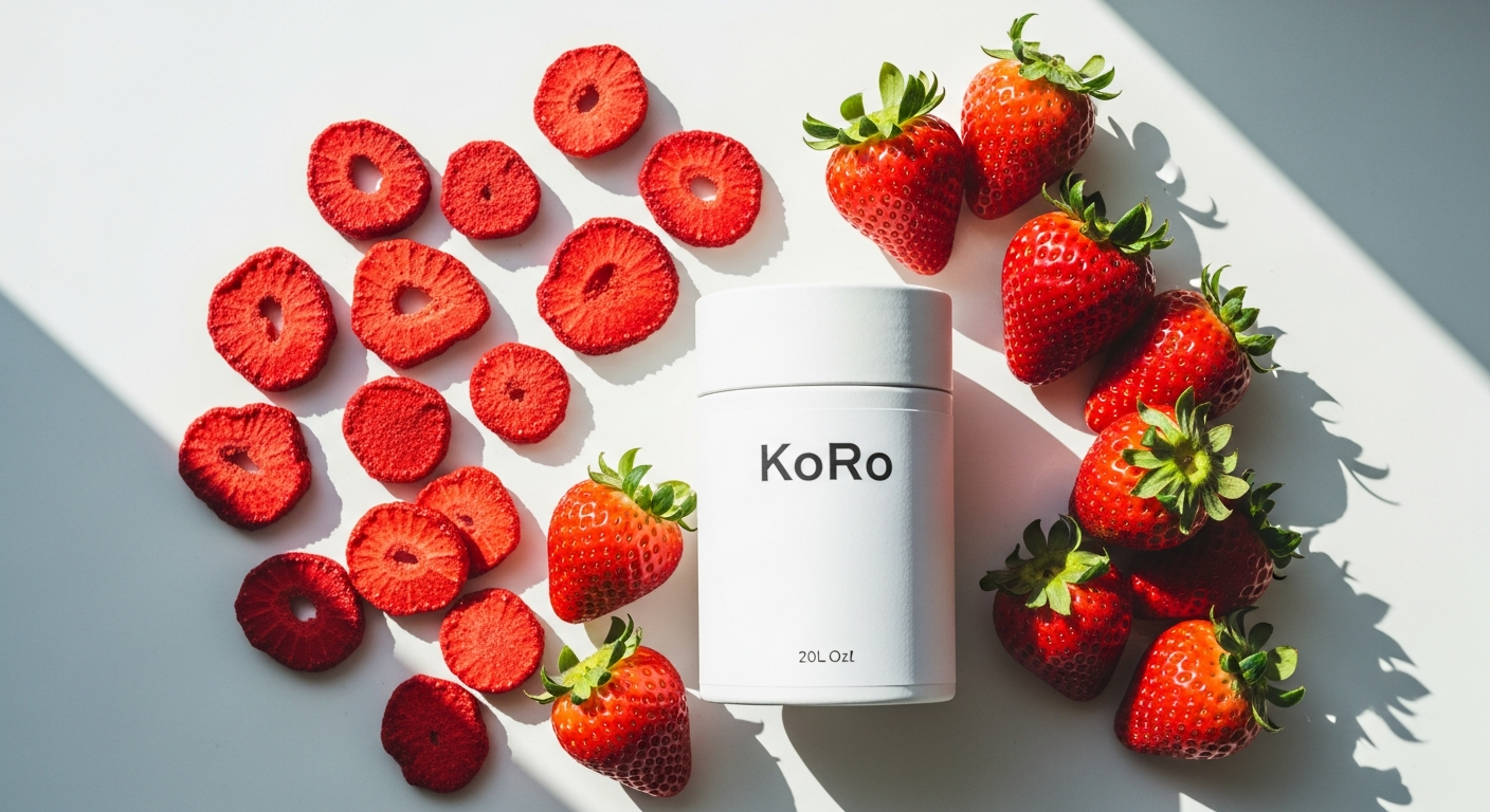 KoRo freeze-dried strawberry slices in a clear container showing vibrant pink color and crispy texture