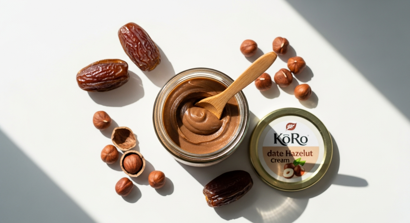 KoRo Organic Date Hazelnut Cream Spread jar with four simple ingredients displayed