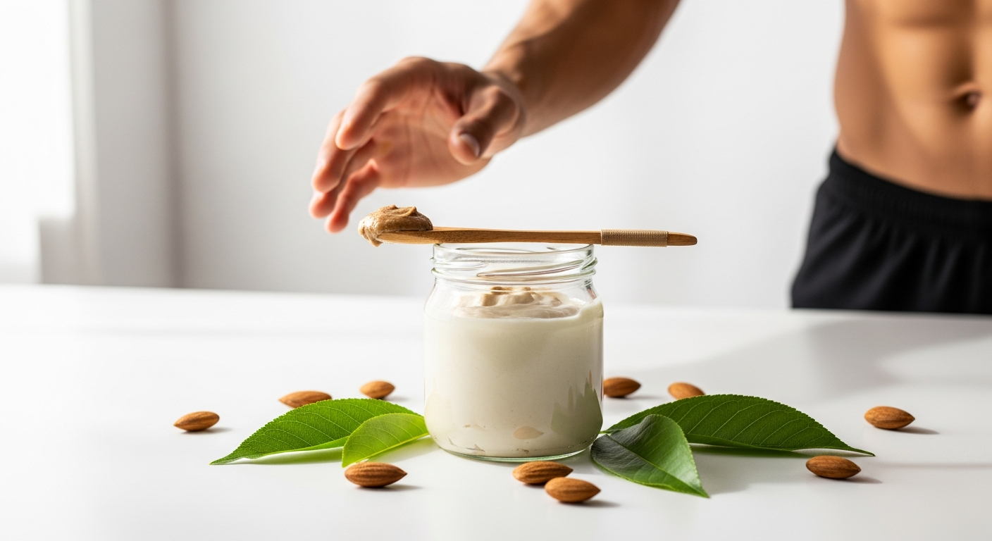 KoRo white almond butter spread jar with creamy texture and pure ingredients for athletic nutrition