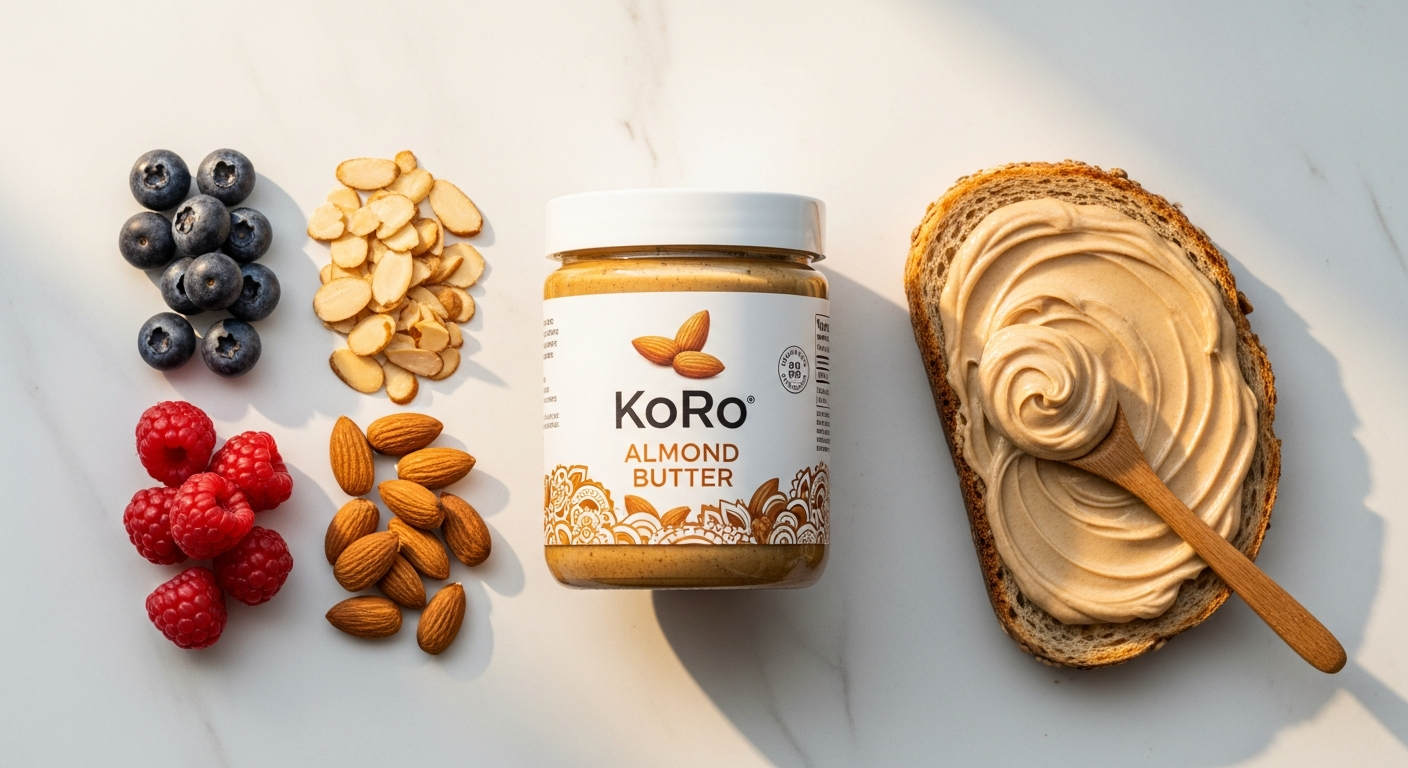 KoRo White Almond Butter jar with creamy spread and fresh almonds on wooden surface