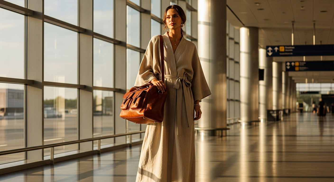 Woman wearing a flowing linen kimono maxi dress in neutral tone outdoors