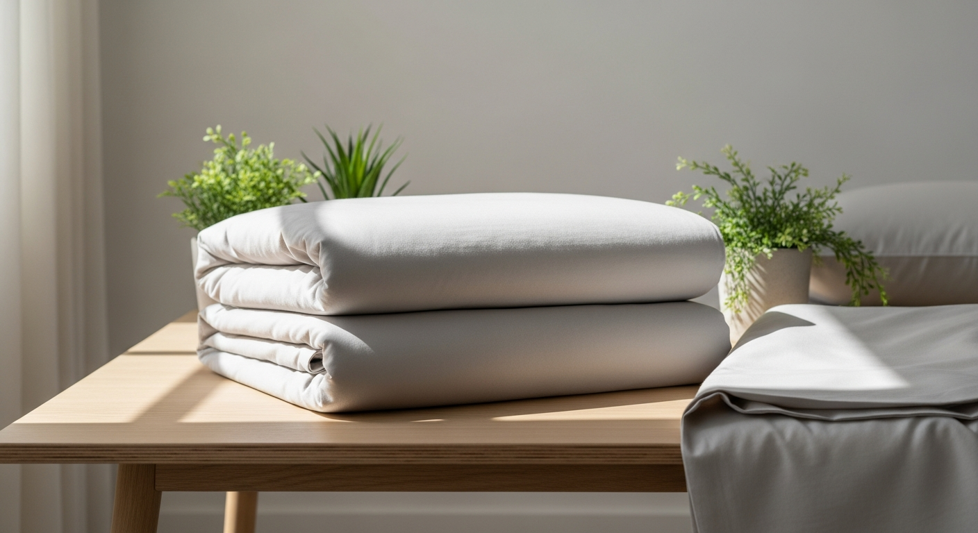 Organic Scenario percale duvet cover from La Redoute in neutral cream color displayed on bed