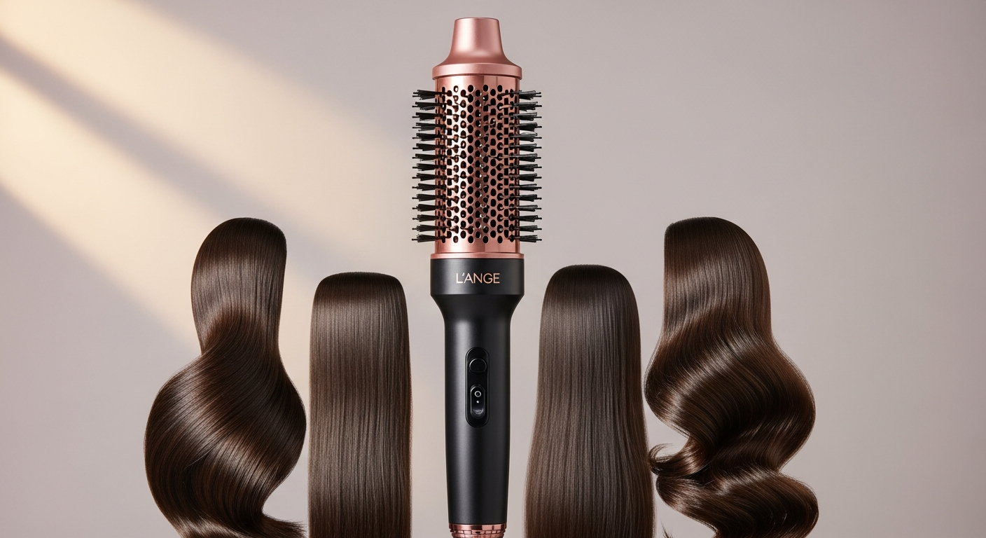 L'ange Le Volume 2-in-1 Volumizing Brush Dryer with multiple barrel sizes and titanium technology for voluminous blowouts