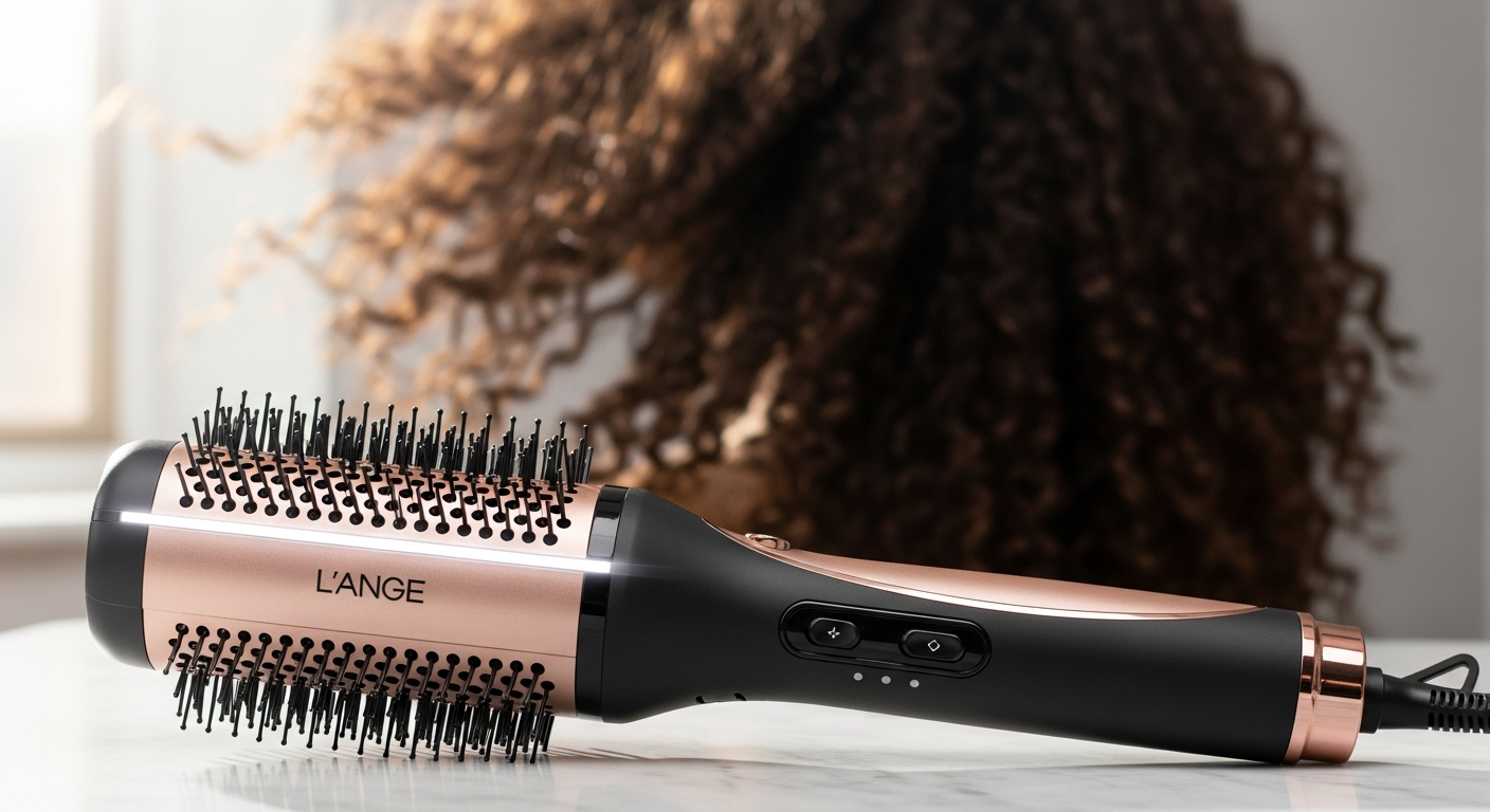 L'ange Le Volume 2-in-1 Volumizing Brush Dryer with titanium barrel and ionic technology for thick curly hair styling
