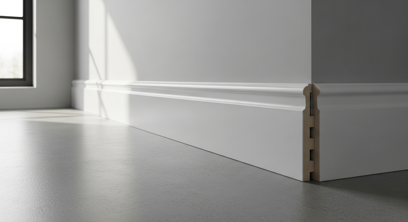 MDF Skirting Board Hamburger Profile White RAL 9016 installed in modern interior room