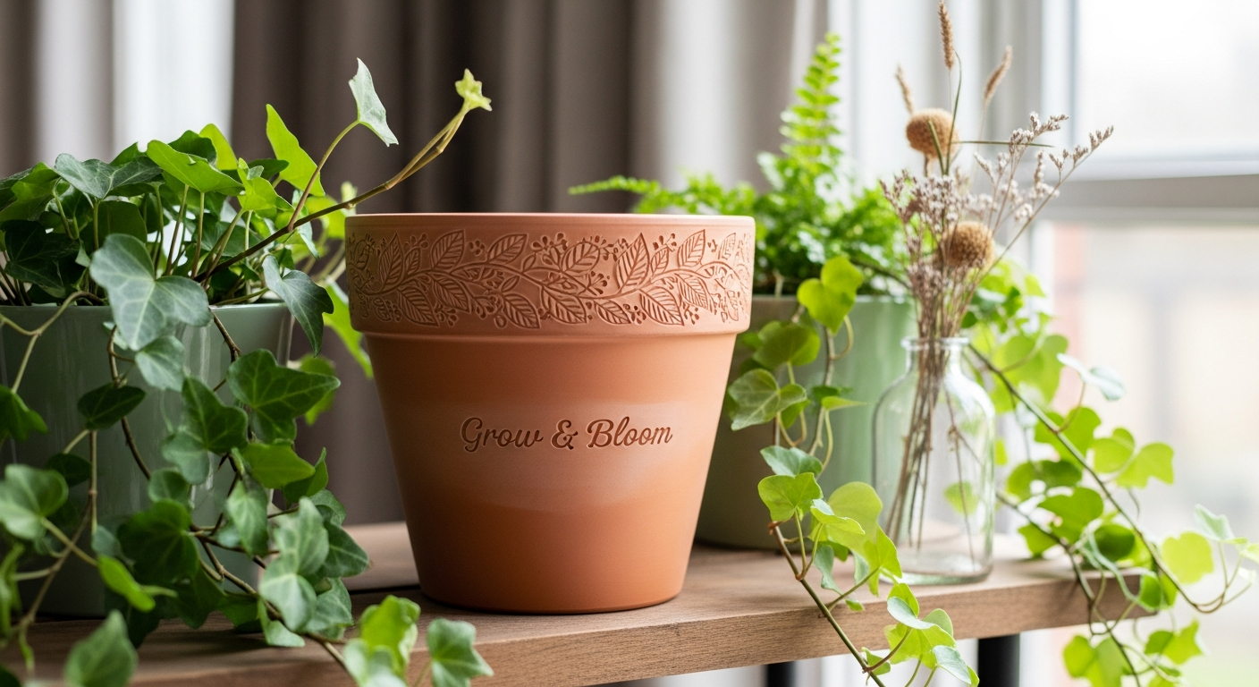 Personalised engraved terracotta plant pot with custom name engraving displayed with green plant