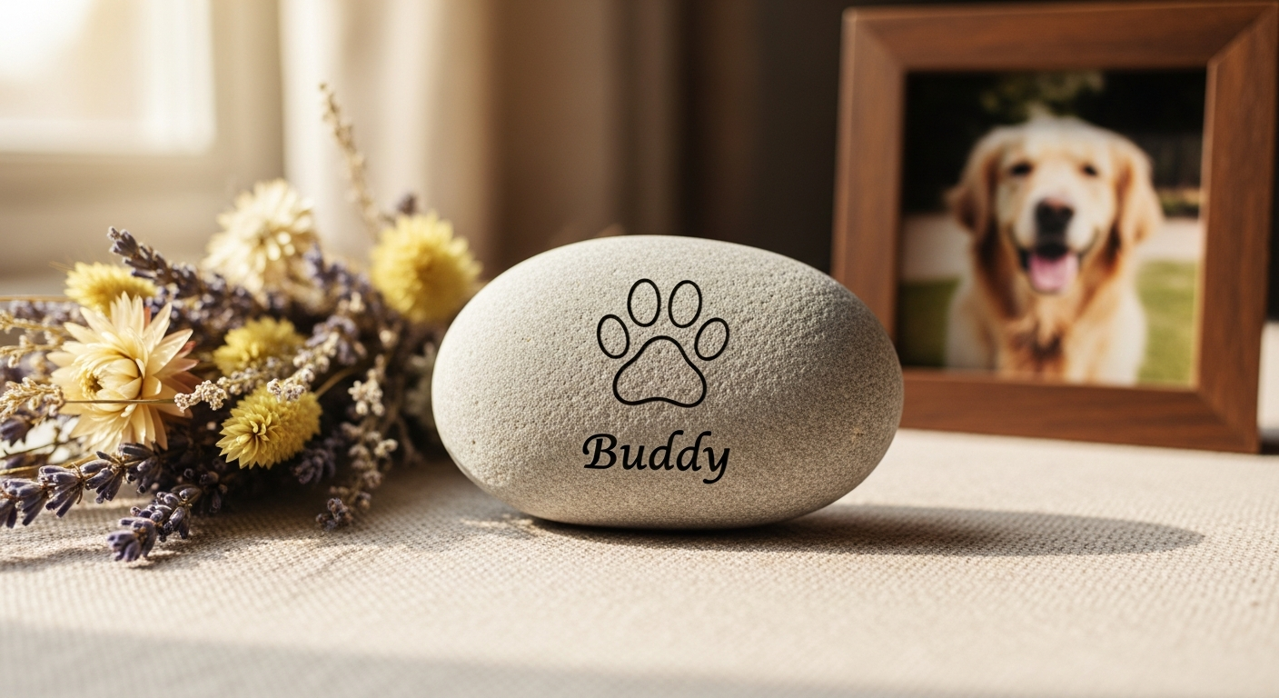 Personalized river pebble stone with engraved paw print and pet name memorial tribute