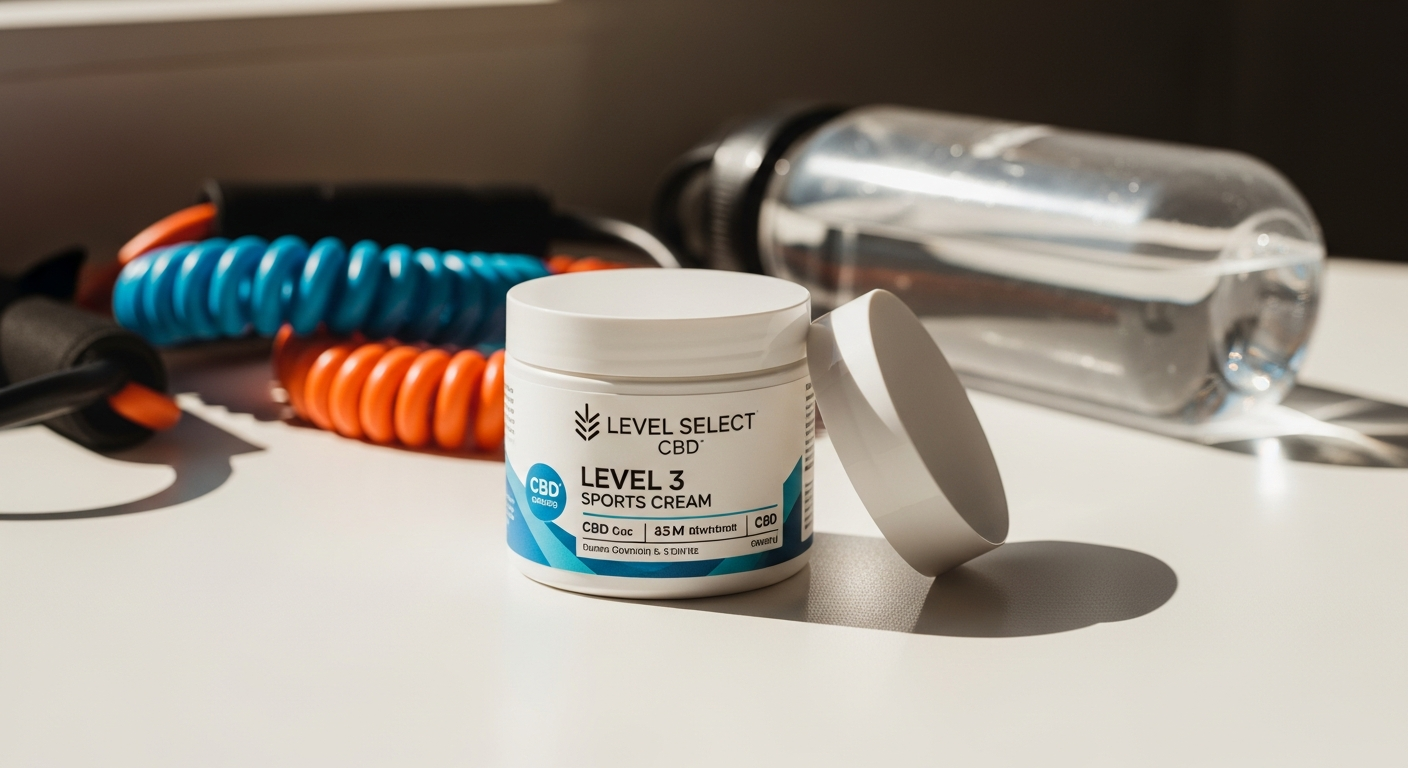 Level Select CBD Level 3 Sports Cream jar with menthol and arnica ingredients displayed on athletic recovery background