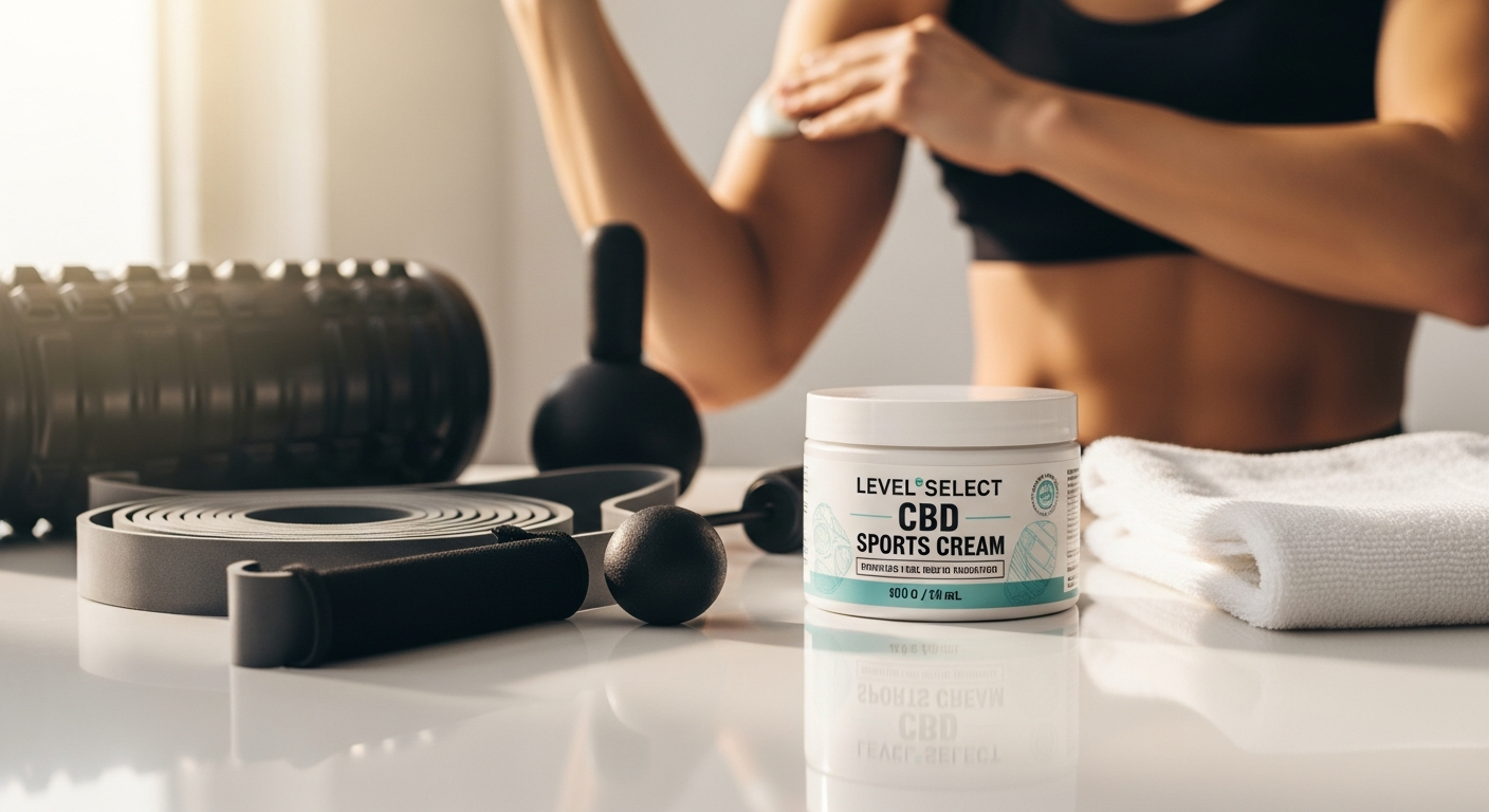 Level Select CBD Sports Cream container displayed with athletic recovery and muscle relief benefits highlighted